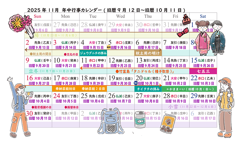 2025年11月（旧暦10月）の沖縄旧暦カレンダー