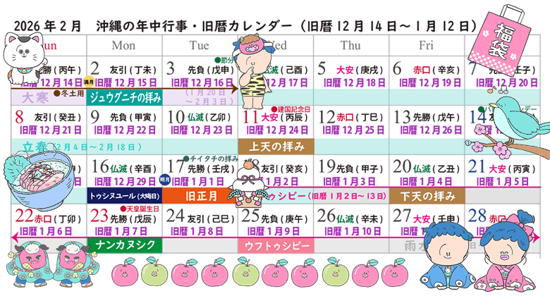 2026年2月（旧暦12月14日〜1月12日）沖縄の旧暦行事<