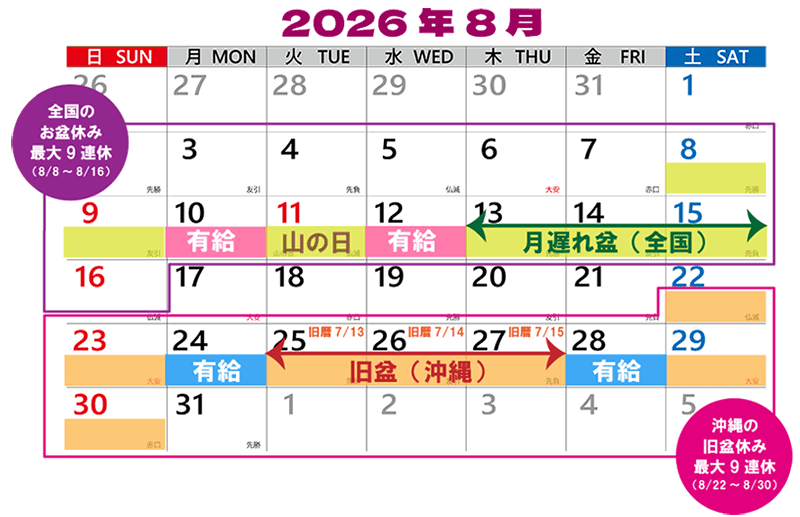 2026年沖縄の旧盆に休みを取るなら？