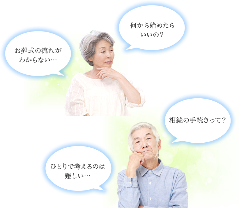 お葬式の流れがわからない… 何から始めたらいいの？ ひとりで考えるのは難しい… 相続の手続きって？