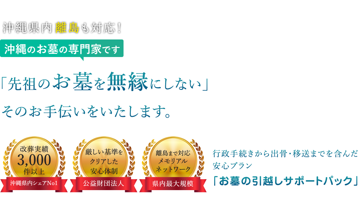 「先祖のお墓を無縁にしない」そのお手伝いをいたします。行政手続きから出骨・移送までを含んだ安心プラン「お墓の引越しサポートパック」
